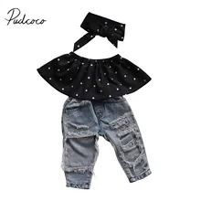  Citgeett Newborn Baby Girls Off Shoulder Dot Wrapped Chest +Bog Hole Jeans Pants Demin Outfits Clothing Set 0-3Y 