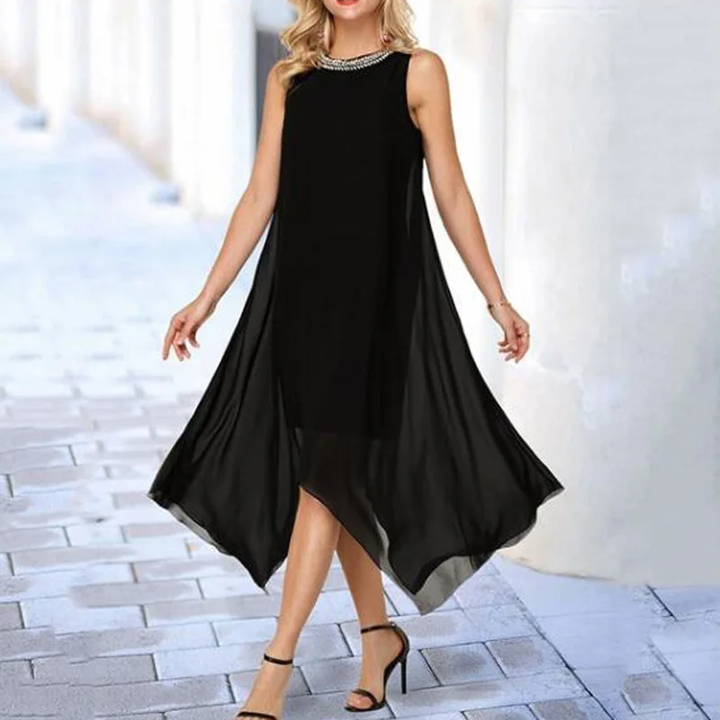 

Women Dress Fashion Polyester Sequins Party Dresses Sleeveless Irregular Big Hem A Line Slim Fit Dress