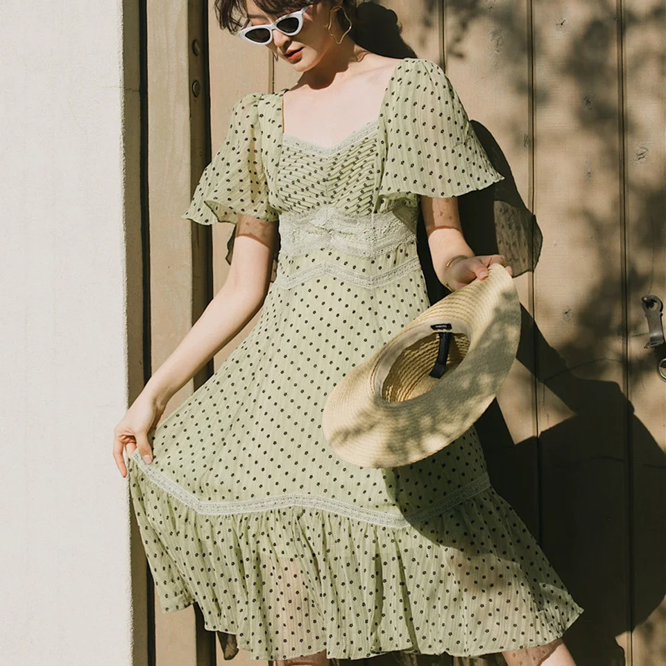 Винтажное платье для отдыха, простое кружевное летнее платье, французский стиль, элегантное удобное шифоновое платье для женщин