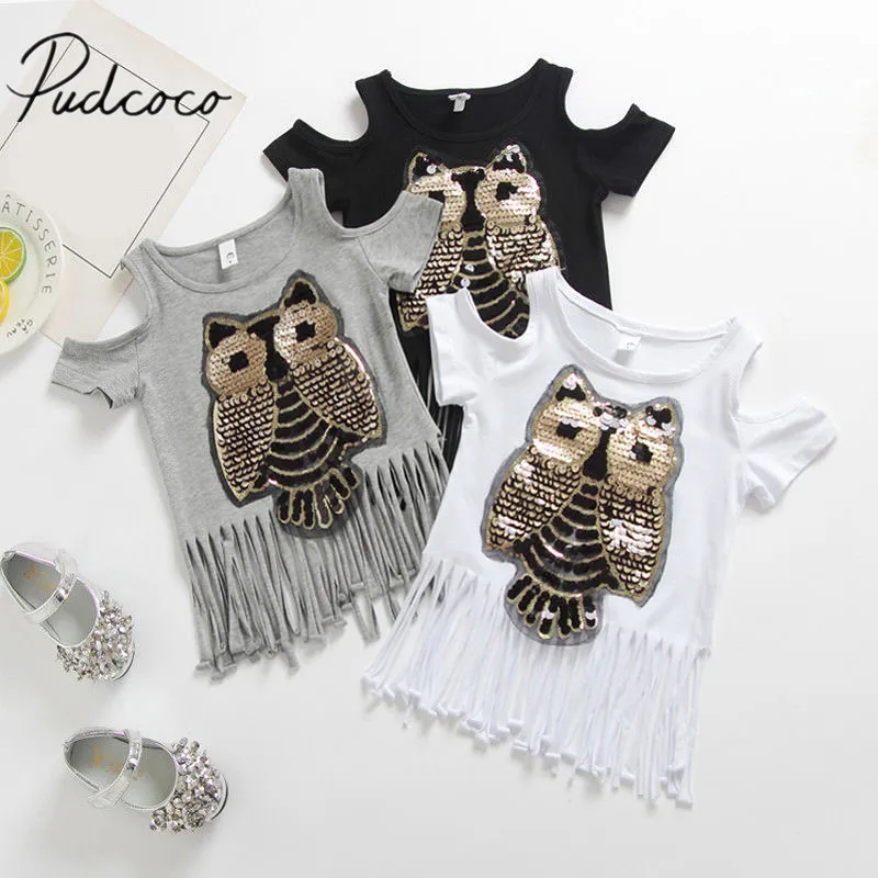 

2018 Brand New Toddler Infant Child Kid Casual Sequins Owl Printed Top Baby Girl Tassel T-shirt Off Shoulder Cotton Clothes 1-6T