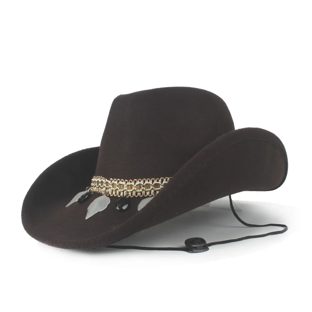Модные, женские, шерстяные полые западная ковбойская шляпа для поднятия полями Леди запугать сомбреро Hombre джаз шляпа - Цвет: Coffee