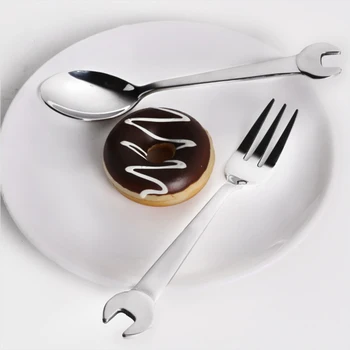 

2019 Hot Portable Wrenchware Tableware Stainless Steel OpenEnd Wrench Mechanical Tool Shape Coffee Spoon Fork Flatware Teaspoons