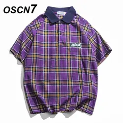 OSCN7 2019 клетчатая рубашка-поло Для мужчин Уличная 2019 короткий рукав рубашки поло Для мужчин Harujuku хип-хоп Повседневное Для женщин футболки H9016