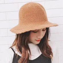 HT1950 Женская Осенняя зимняя шапка в Корейском стиле, вязаная шапка с волнистыми полями для женщин, упаковываемая Панама, однотонная простая женская шляпа ведро, шапка