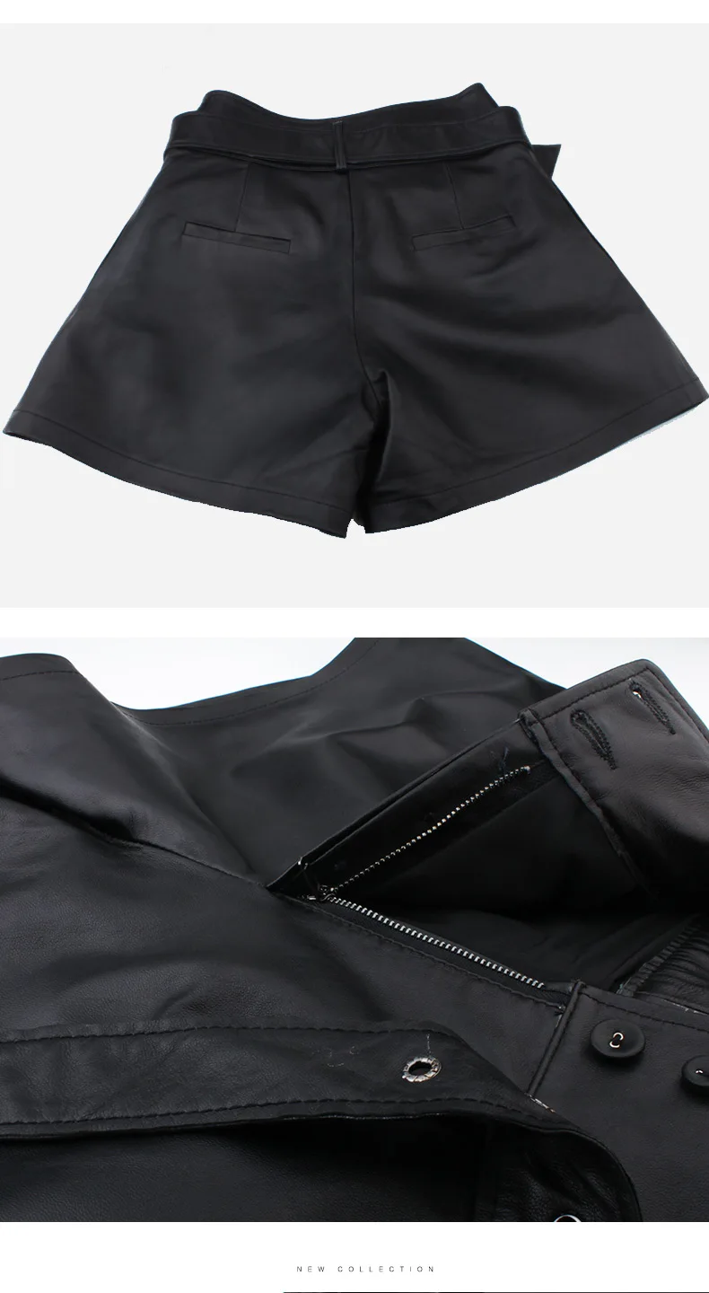 Кожаные шорты женские осенние модные овчины шорты из натуральной кожи металлические заклепки ремень сексуальные черные шорты