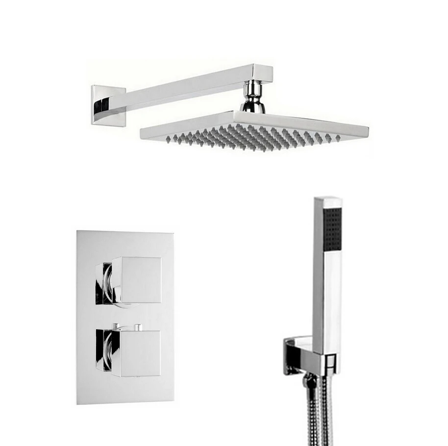 

Concealed Square Thermostatic Shower Set Chrome Handheld & Fixed Shower 350mm 012