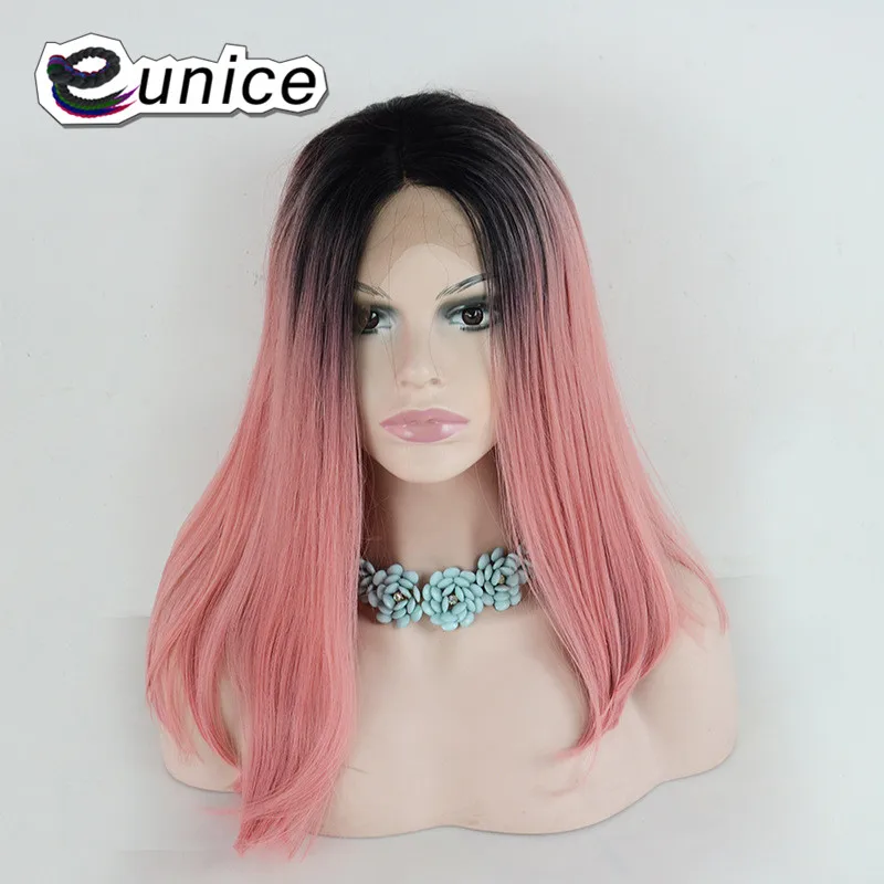 

Eunice Silky Straight Synthetic Hair Lace Front And T Part Wig 14" Ombre Dark Roots T1B/Pink/Green Wigs 150Density Middle Size