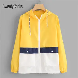 SweatyRocks Цвет Блок спортивные куртка с капюшоном Для Женщин Multi Цвет на молнии Повседневное шнурок пиджаки 2018 осень модные женские пальто