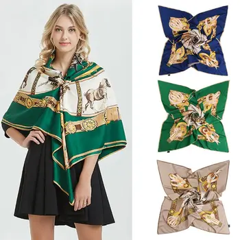 

130x130cm Women Vacation Sunscreen Blanket Wrap Imitation Silk Large Beach Shawl Twill Jacquard Leopard Metal Chain Square Scarf