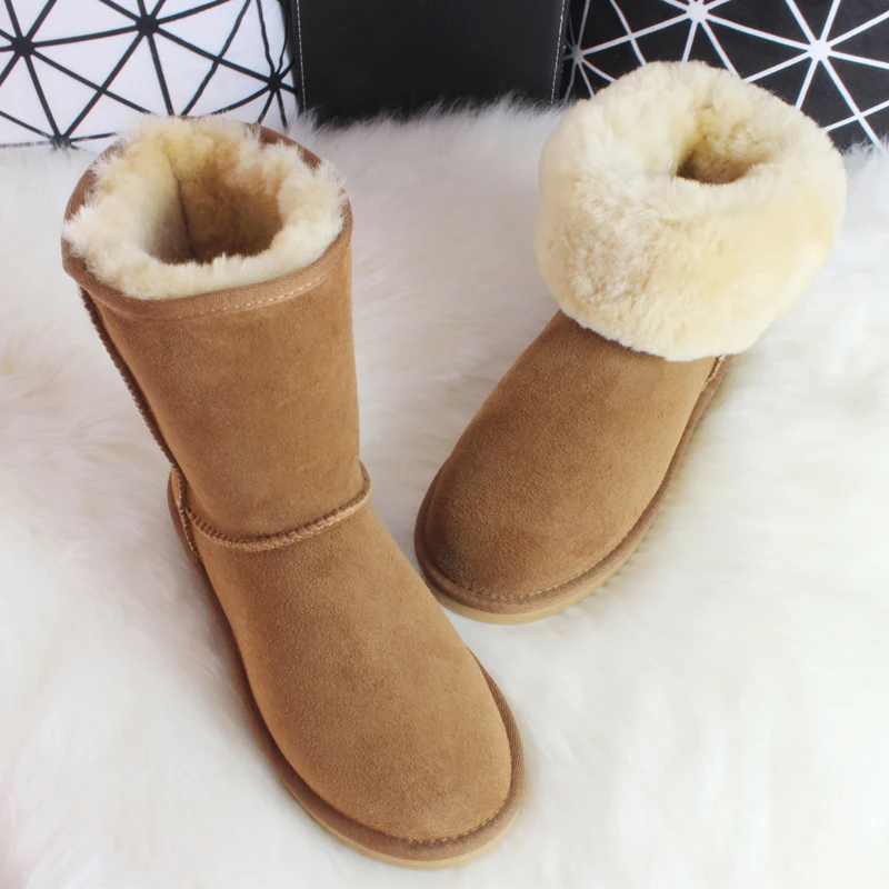 BLIVTIAE/Luxury Sheepskin Snow Boots Australia Winter Sheep Fur Wool Snow Boots Classic Thick Middle Button Women Leather Shoes