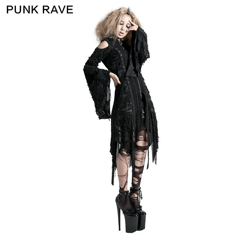 

Punk Rave Women Punk Rock Black Batwing Sleeve Cardigan Gothic Hooded Woman Asymmetric Sweater Halloween Witch Long Coat