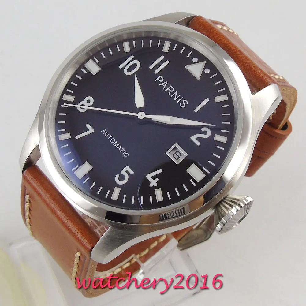 

47mm PARNIS black dial big crown date ST2551 automatic movement mens watch