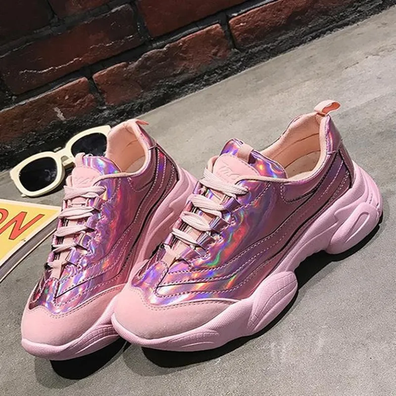 

Women Flat Patent Leather Platform Ladies Shoes Woman Sneakers Casual Golden Lace Up Pieces of red Height Increase Shoes