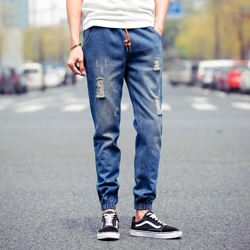 MOGU новые Джоггеры мужские длинные джинсы с отворотами плюс размер 5XL джинсы с эластичной талией мужские светло-голубые рваные джинсы для мужчин