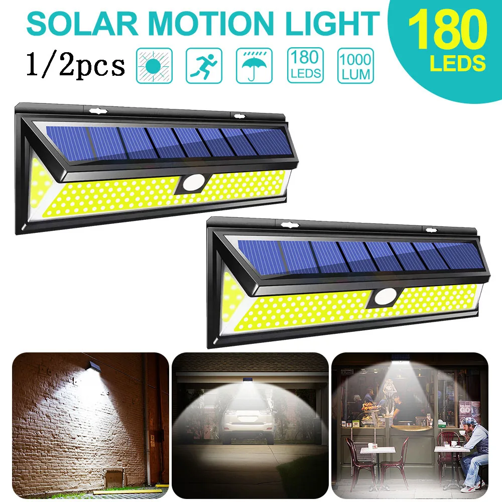 

180 LED Solar Power Light 3 Modes Motion Sensor Outdoor 1/2pcs Solar Wall Lamp Waterproof Energy Saving Garden Yard Lights