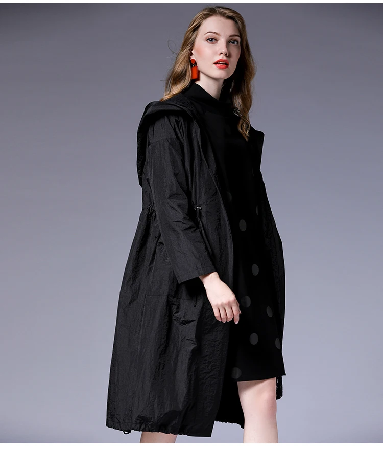 Spring Autumn new Big size long sleeve lace Hooded trench coat Large size ladies' draw string loose lace Elegant coat red black