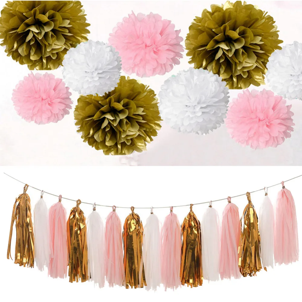 Set of 12 Gold Pink White Paper Pom Poms Tissue Tassel Bunting Garland