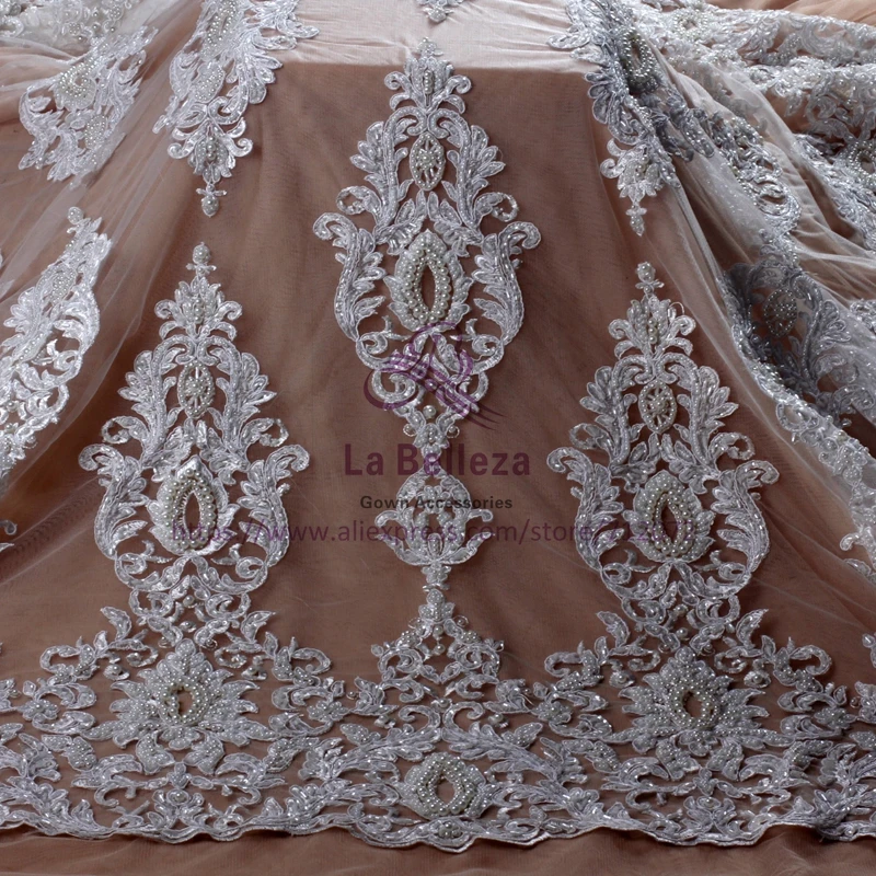 La Belleza New Bride móda z bílé čisté bílé super těžké perly lemování svatební šaty krajky tkanina