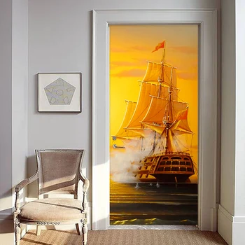 

2 Pieces/Set Self-Adhesive Door Sticker 3D Sailboat Painting Wallpaper Living Room Study Room Home Decor Door Decal Wall Sticker