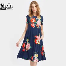 SheIn Flower Print Side Pocket Detail Swing Tee Dress Summer Dresses Casual Navy Short Sleeve Floral A Line Dress