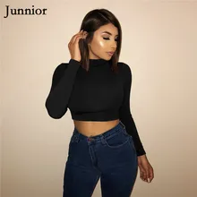 Junnior Bodycon Women Crop Top Stretchy Long Sleeve High Waist Tops for Female Spring Solid Mock Neck Pullover Ladies Femme Junnior Bodycon Women Crop Top Stretchy Long Sleeve High Waist Tops for Female Spring Solid Mock Neck Pullover Ladies Femme