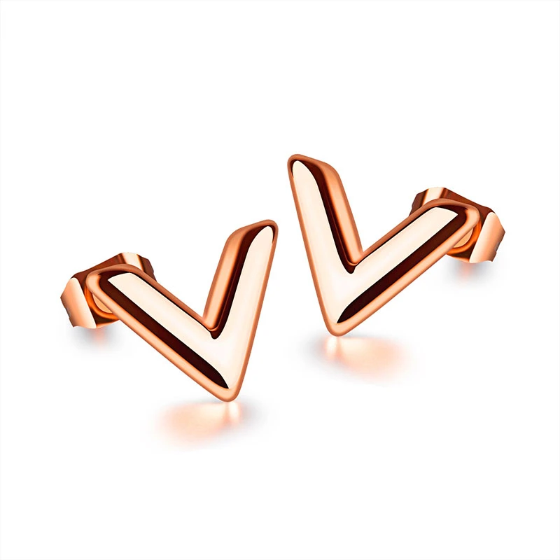 

Titanium Steel Electroplate Rose Gold Simple Temperament Geometry V EarNail Woman Golden Earrings Accessories Product eardrop OK