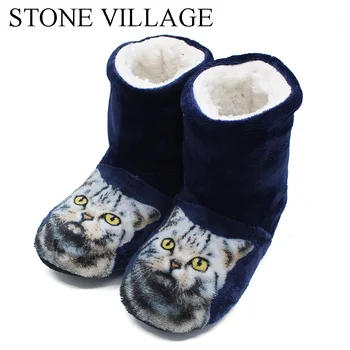 

STONE VILLAGE Women Slippers Cute Cat Print Cartoon Animation Home Slippers Winter Warm Plush Slippers Soft Cotton Indoor Shoes