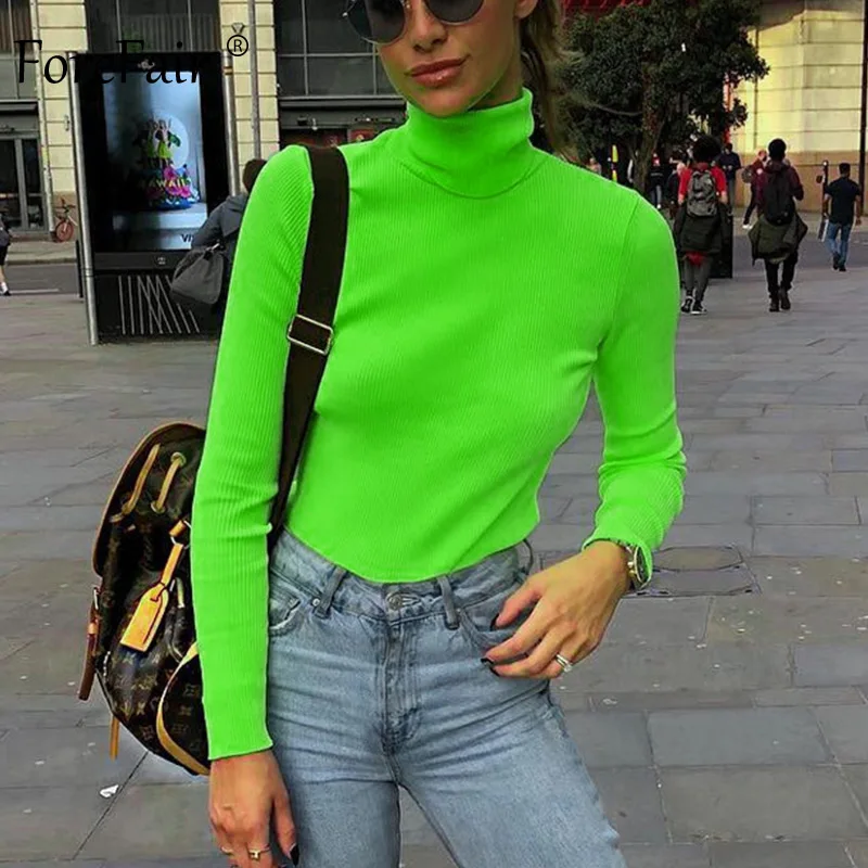 

Forefair Thin Slim Neon Turtleneck Sweater Women Autumn Winter 2019 Long Sleeve Ribbed Knitted Casual Basic Pullovers Female