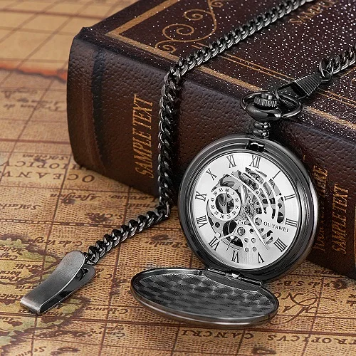 OUYAWEI Antique Steampunk Hand Winding Black Fob Pocket Watch Men Vintage Skeleton Hand Wind Mechanical Pocket Watches for gift - Цвет: fob watch  4