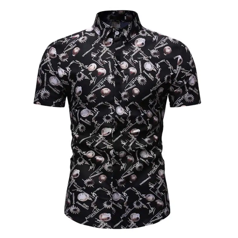 Мужские Гавайские рубашки мужские повседневные Camisa Masculina печатные пляжные рубашки мужская рубашка навыпуск с ярким рисунком короткий рукав Летняя Праздничная рубашка - Цвет: HZ02 black