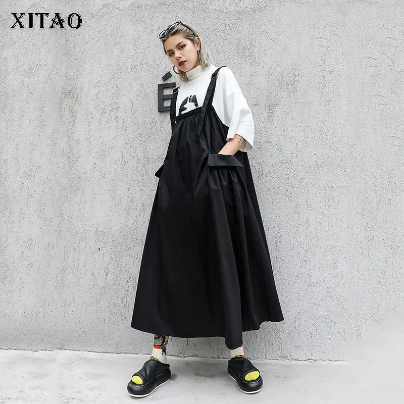 

[XITAO] New Women Fashion 2019 Summer Square Collar Sleeveless Loose Print Pattern Spaghetti Strap Ankle-length Dress ZQ1871