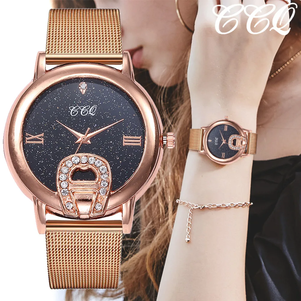 Модные кварцевые женские часы кожаный ремешок для часов Diamond аналоговый розовое золото сетки Группа повседневные часы