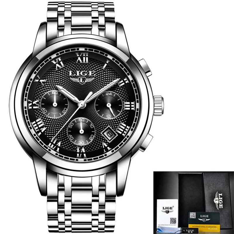 Новые LIGE часы мужские роскошные брендовые Хронограф Мужские спортивные часы водонепроницаемые полностью Стальные кварцевые мужские часы Relogio Masculino+ коробка - Цвет: silver black steel