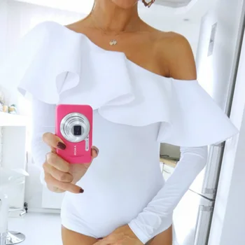 

Sexy Bodysuit Ruffles Skinny Oblique Neckline One Piece Shorts Outfit Onepiece White Full Black Polyester Bodysuit Women 2017