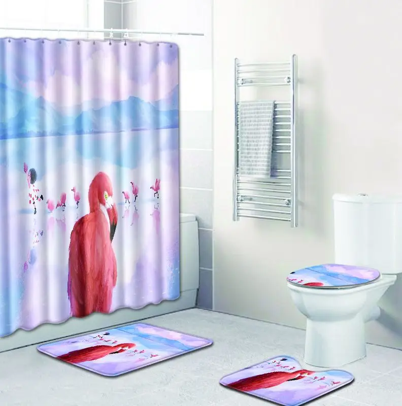 Прямая поставка Фламинго серии занавески для душа фланелевые абсорбирующие Нескользящие коврики для ванной комнаты туалет коврики для ванной комплект коврики для ванной унитаз чехлы