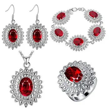 

SA 925 new Thick plating Jewelry Set red Chrysanthemum set Color treasure pendant necklace bracelet ring earrings