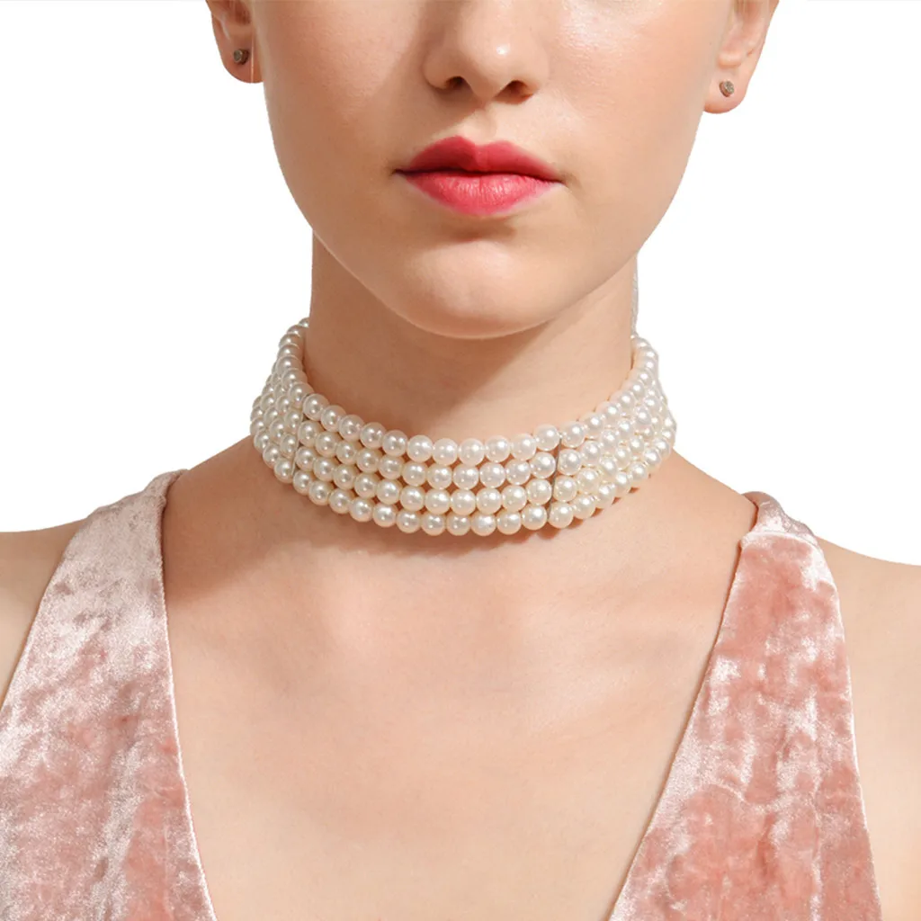 

4 Strand Multi Layer White Imitation Pearl Choker Bib Statement Wedding Lady Collar Necklace Women Fixation Wide Cockers Jewelry