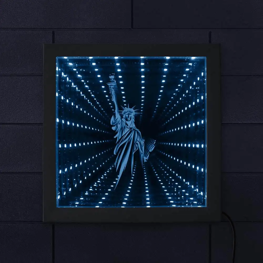 

Modern New York Statue Of Liberty 3D Optical illusion Infinity Mirror Frame NYC LED American Values Mood Light Tunnel Vision