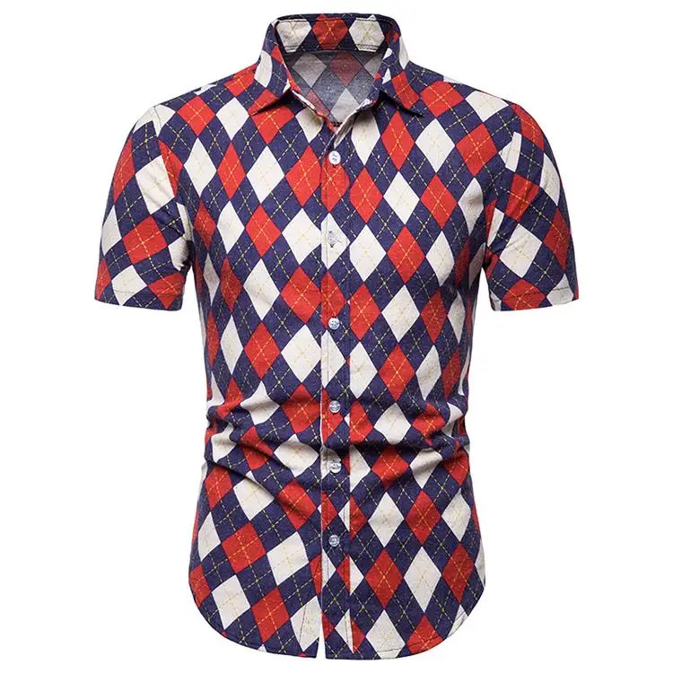 

New model Shirts Plaid Fashion Linen Cotton Hawaiian Beach style Casual Blouse Man Summer Social Shirt Short sleeve