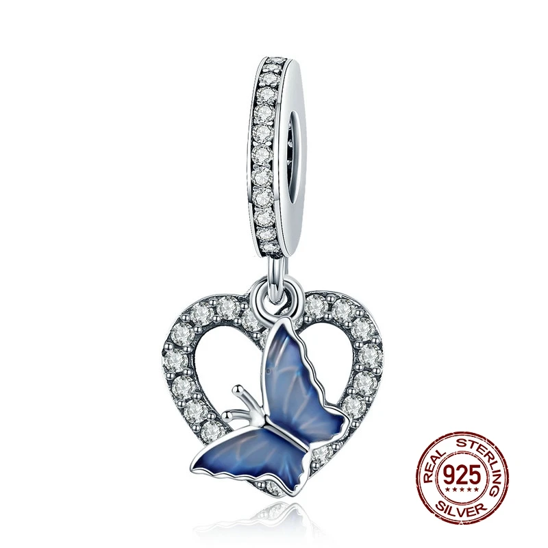 

MOWIMO 100% 925 Sterling Silver Blue Butterfly Heart Charm CZ Beads Fit Original Pandora Bracelet Pendant Jewelry Making BKC818