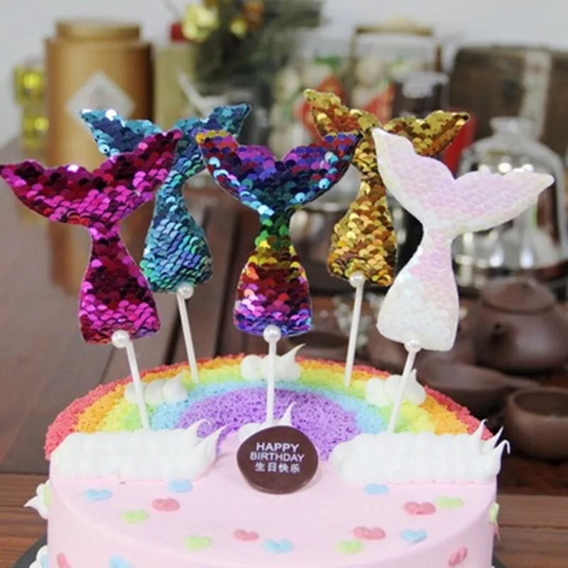 

Sequins Mermaid Tail Cake Topper Birthday Cake Topper Decoration for Kids' Birthday Party Wedding Cupcake Decor 1pc