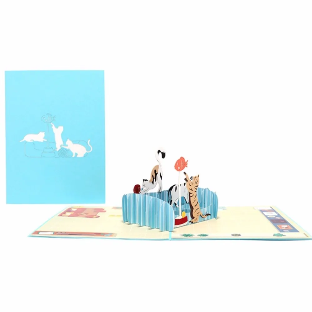  DIY Greeting Cards Handmade Birthday Wedding Invitation 3D Pop Up Card Cat Fish - 32904874433