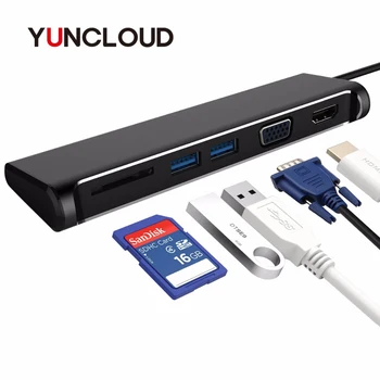 

YUNCLOUD USB Type-C 3.1 Hub with SD Card Reader USB 3.0 VGA 1080P HDMI 4K Adapter 5 in 1 USB Splitter For MacBook Samsung S8/S9+