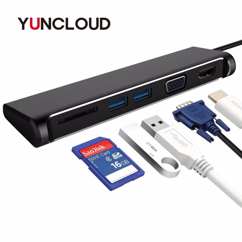 YUNCLOUD usb type-C 3 1 концентратор с SD кардридером 0 VGA 1080P HDMI 4K адаптер 5 в USB сплиттер для