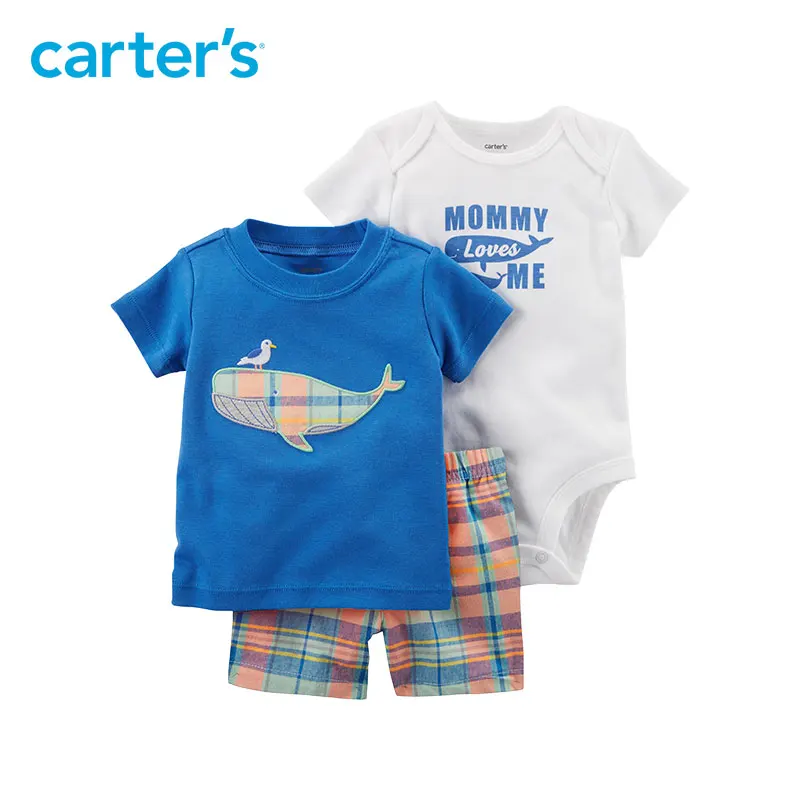 

3pcs cute whale top plaid shorts slogan bodysuit clothing sets Carter's baby Boy soft cotton Summer 121I408