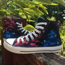 Вэнь дизайн оригинальные окрашены вручную обувь Синий Красный Галактика, космос, туманность Мужские Женские высокие холщовые кроссовки