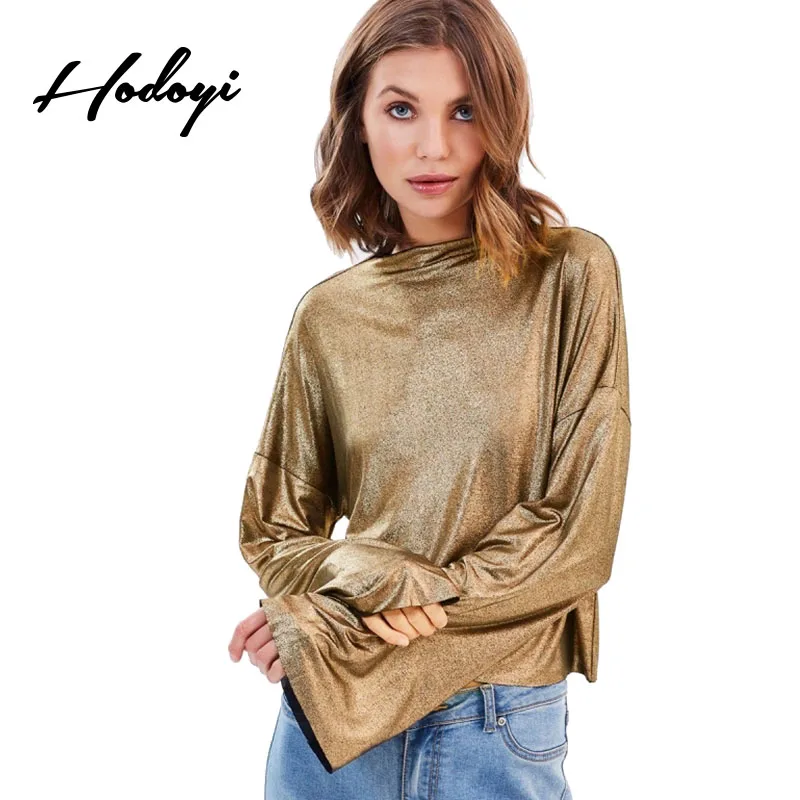 Hodoyi Gold Metallic Style T shirt Long Bell Sleeve Shirts Winter