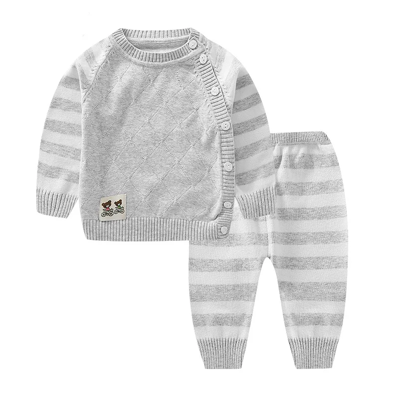

Toddler Single Breasted Clothing Set Newborn Striped Sweater + Pants 2PCS Suits Infant Baby Knitting Warm Clothing Set AA52186