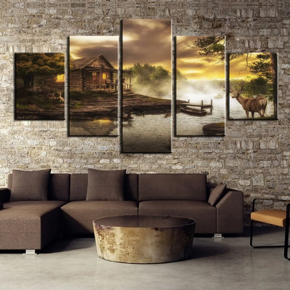 

Modern Wall Art 5 Pieces HD Printed Cabin By The Framed Lake Painting Canvas Wall Art Picture Home Decoration Living Room