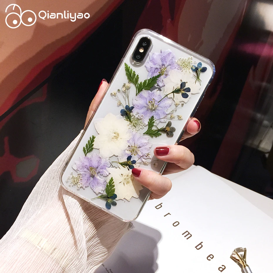 Qianliyao настоящий прессованный высушенный чехол для телефона с цветами для iPhone X XS Max XR 6 6s 7 8 Plus 11 Pro Max Чехол Мягкий ТПУ Прозрачный цветочный чехол